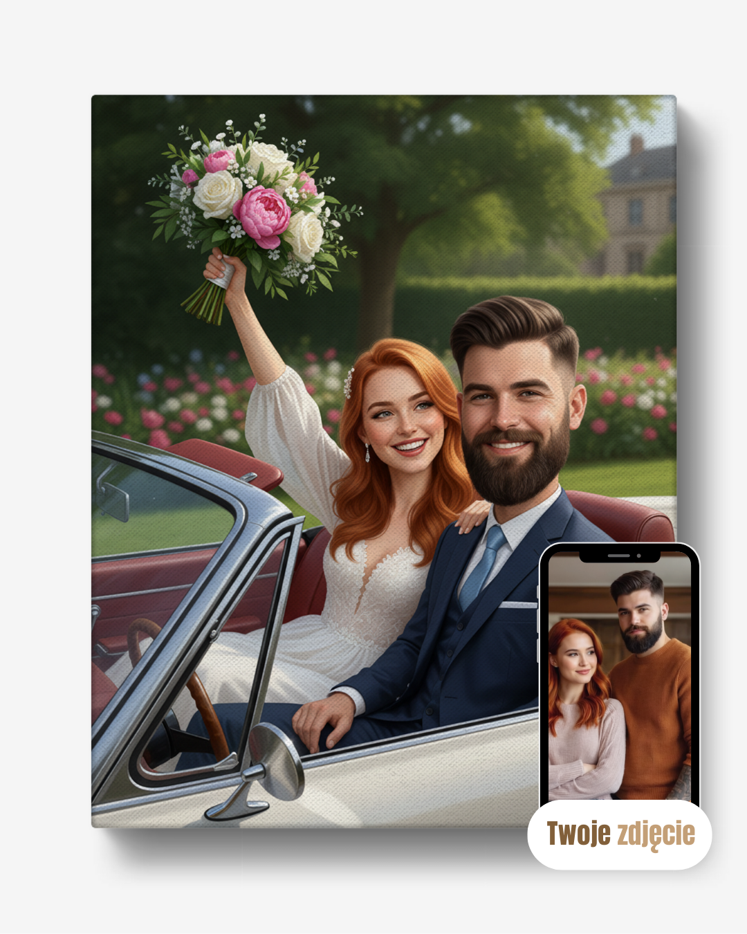 Personalizowany portret na płótnie prezent dla młodej pary młoda para w cabrio