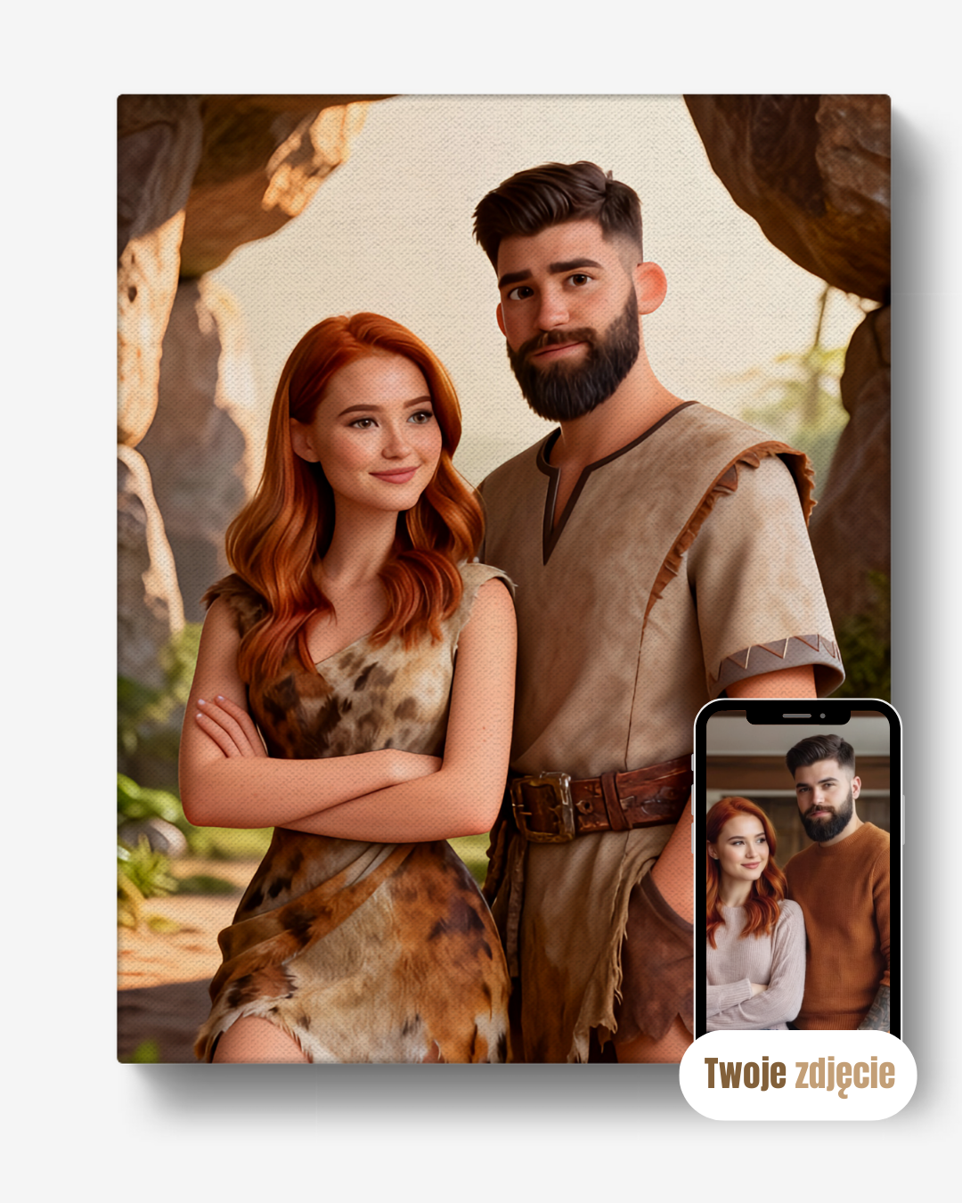 Personalizowany portret na płótnie prezent dla pary para w epoce kamienia