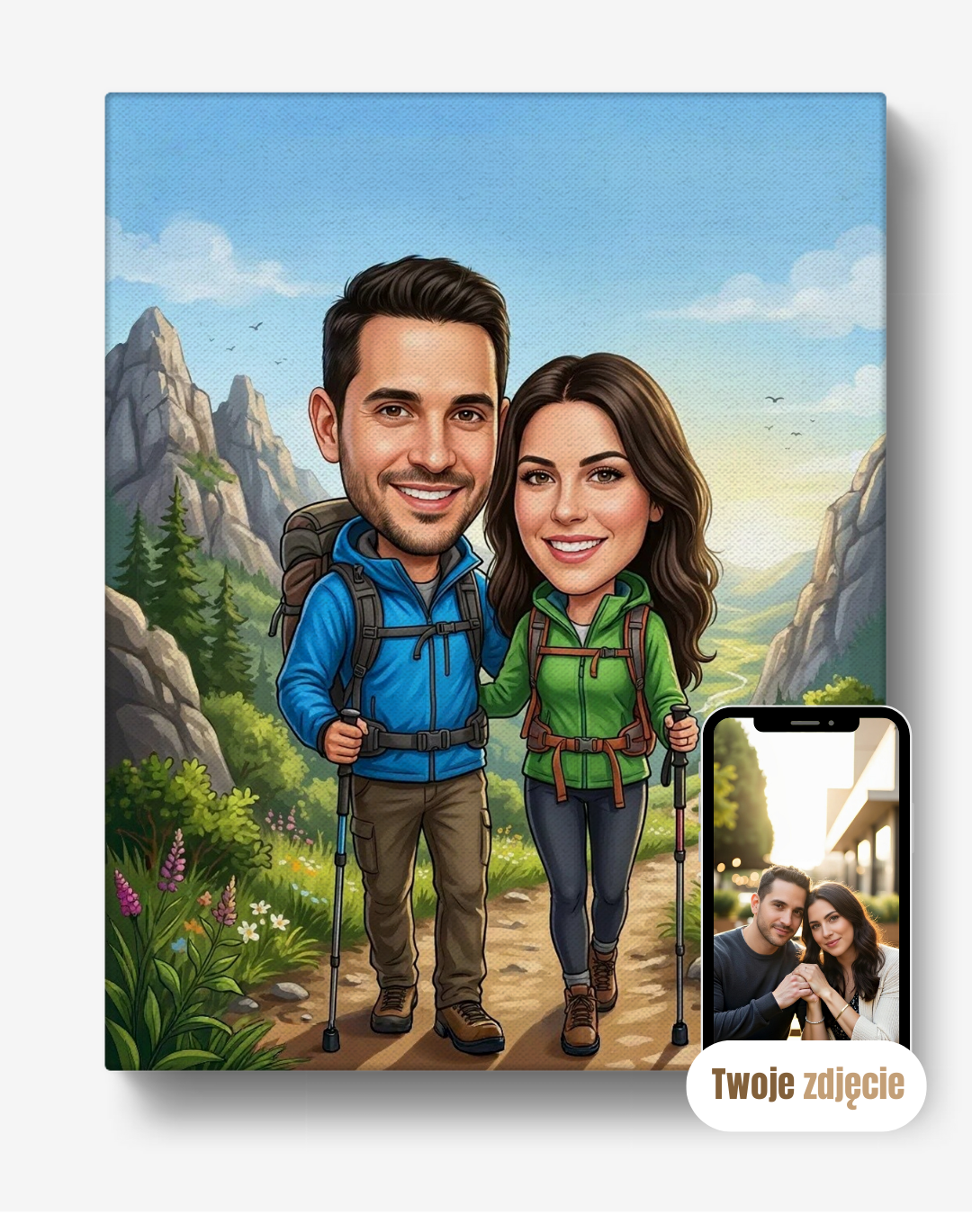 Personalizowany portret na płótnie prezent dla pary para na szlaku