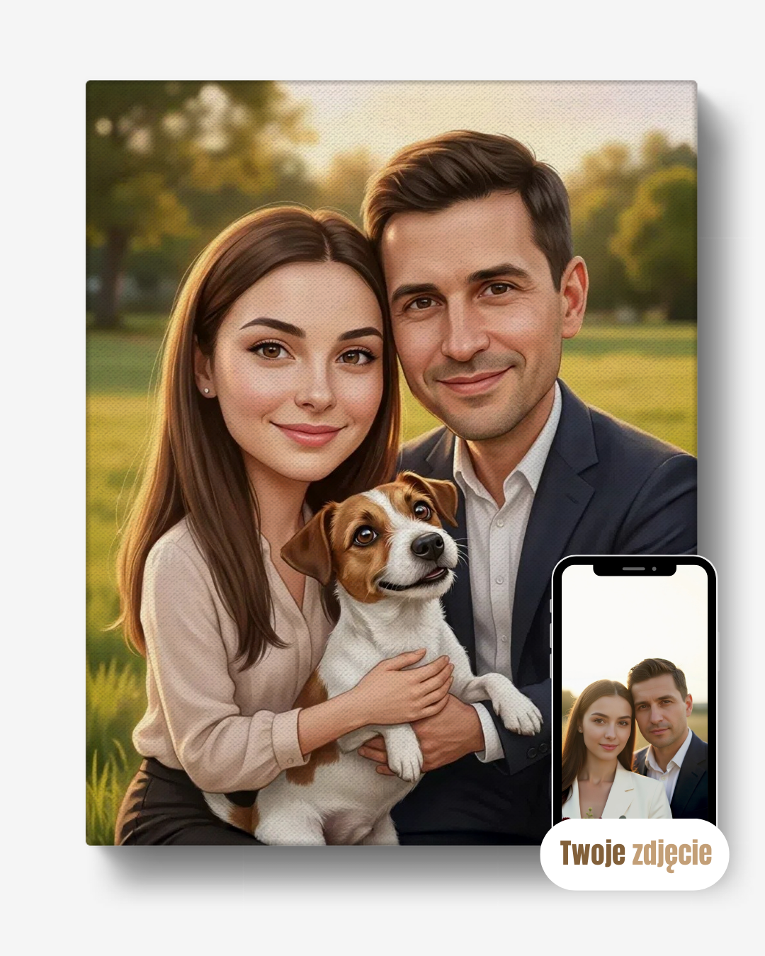 Personalizowany portret na płótnie prezent dla pary z pieskiem