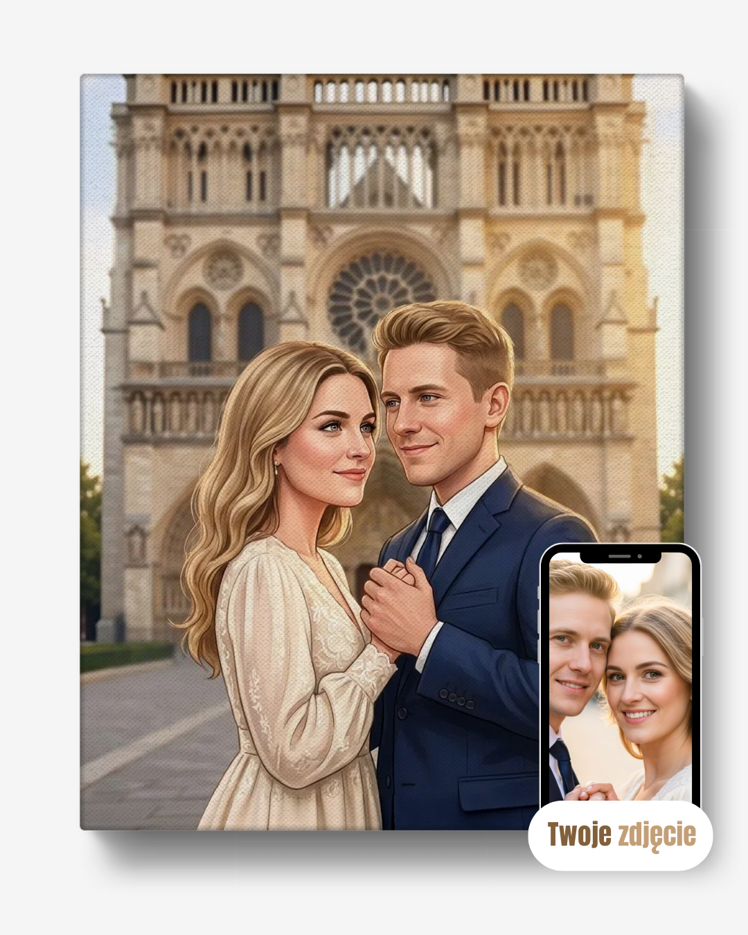 Personalizowany portret na płótnie prezent dla pary para pod Notre Dame