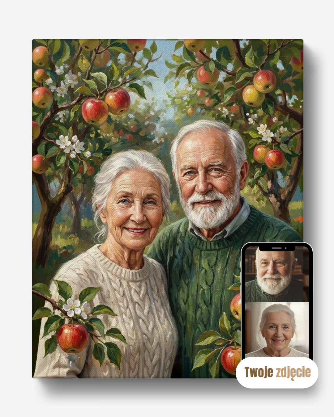 Personalizowany portret na płótnie prezent dla dziadków namalowani w sadzie