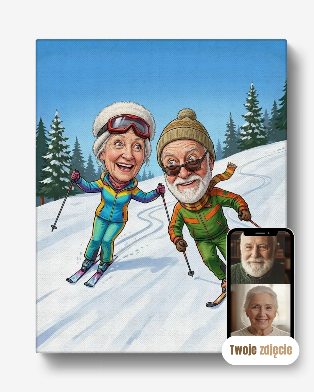 Portret na płótnie prezent dla dziadków dziadkowie na nartach