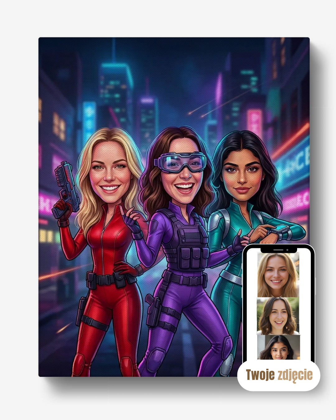 Personalizowany portret grupowy na płótnie prezent dla przyjaciółek tajne agentki