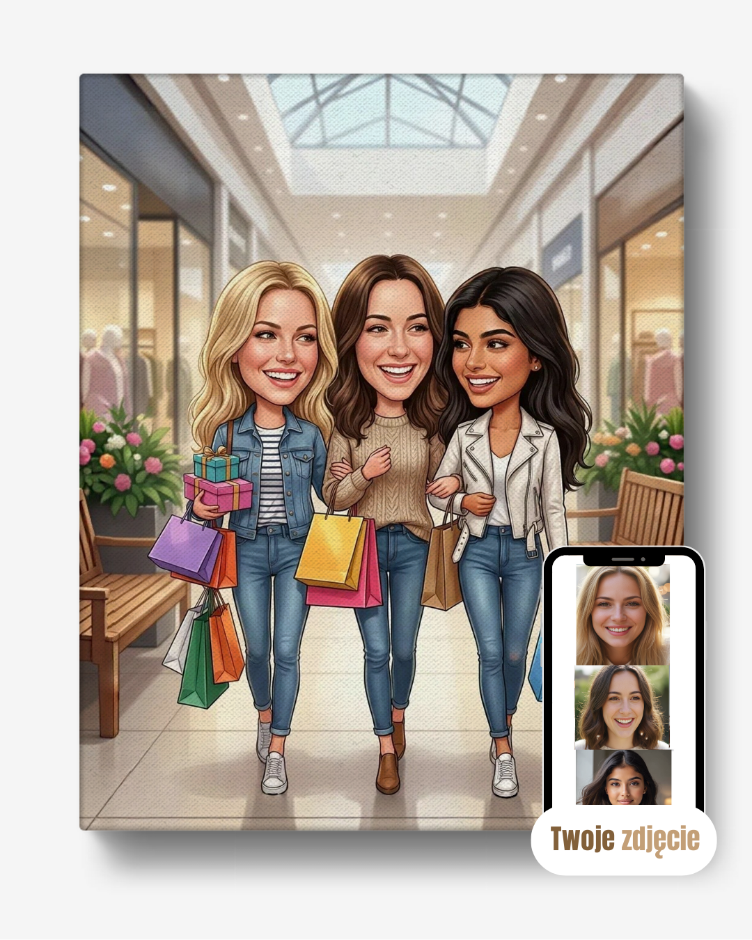 Portret grupowy na płótnie prezent dla przyjaciółek razem na zakupach