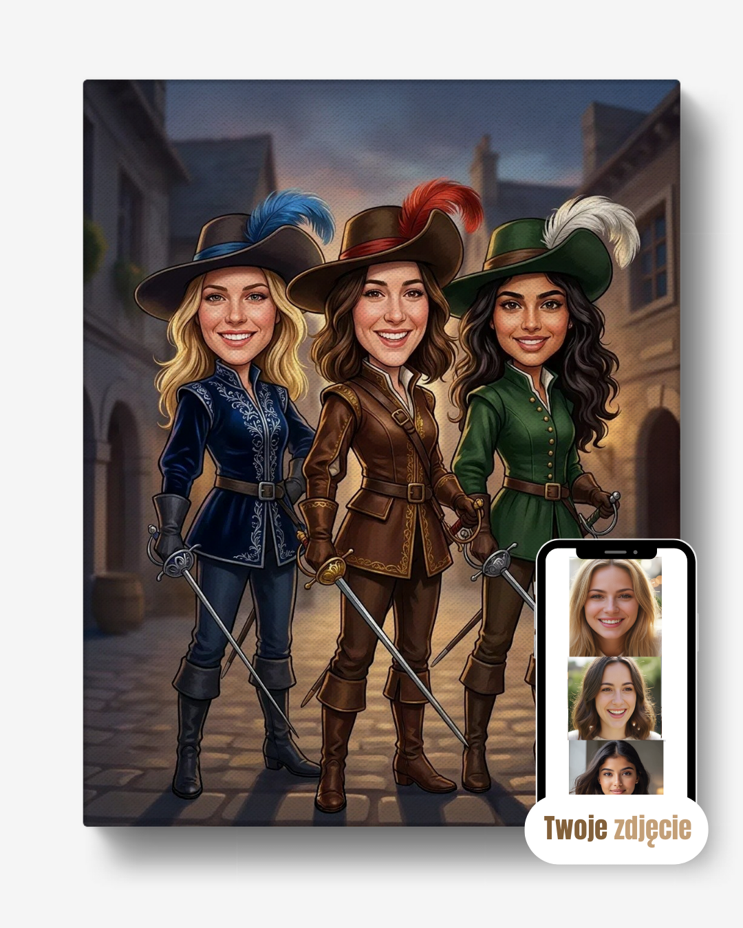 Personalizowany portret grupowy na płótnie prezent dla przyjaciółek trzy muszkieterki