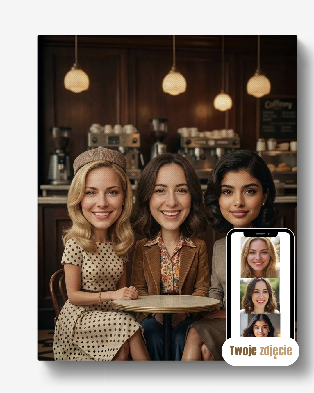 Portret grupowy na płótnie prezent dla przyjaciółek retro w barze