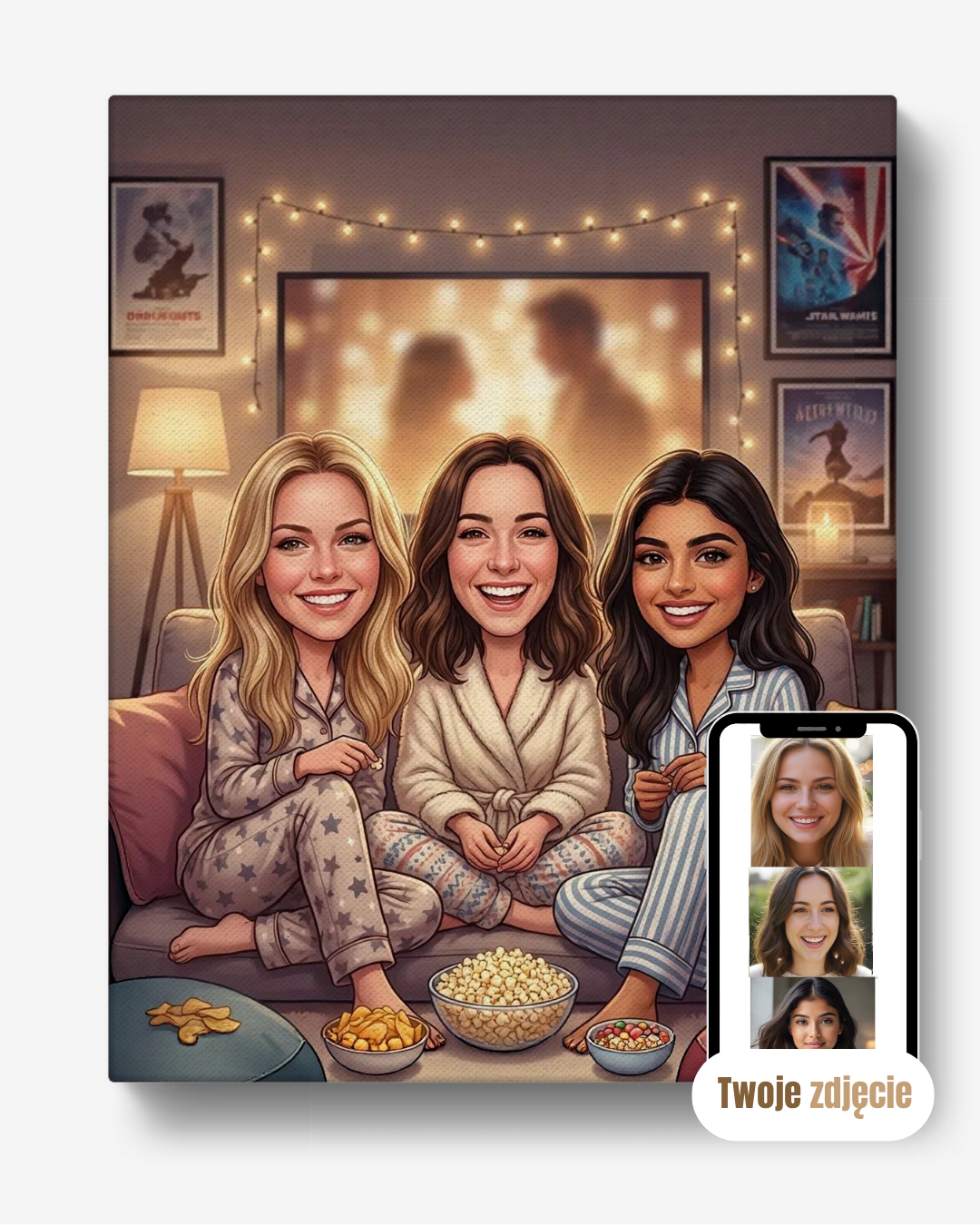 Personalizowany portret grupowy na płótnie prezent dla przyjaciółek nocne spanie