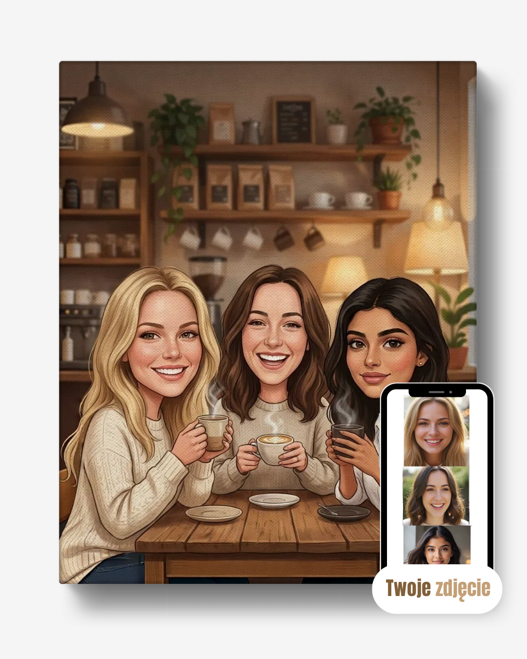 Portret grupowy na płótnie prezent dla przyjaciółek trio na kawie