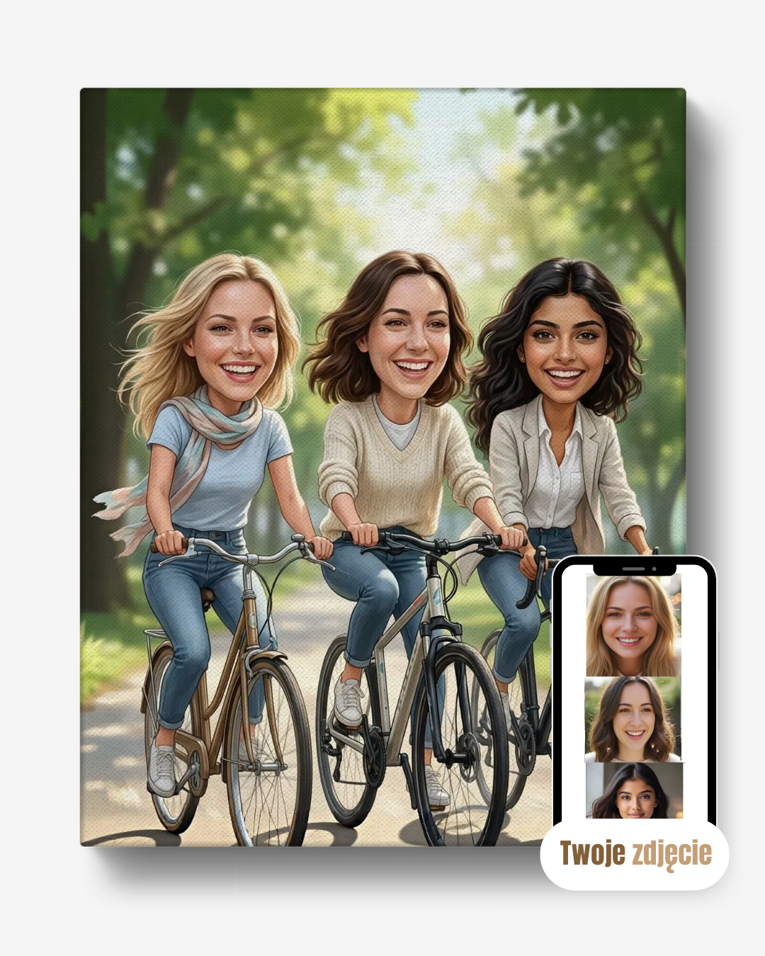 Personalizowany portret grupowy na płótnie prezent dla przyjaciółek wycieczka rowerowa