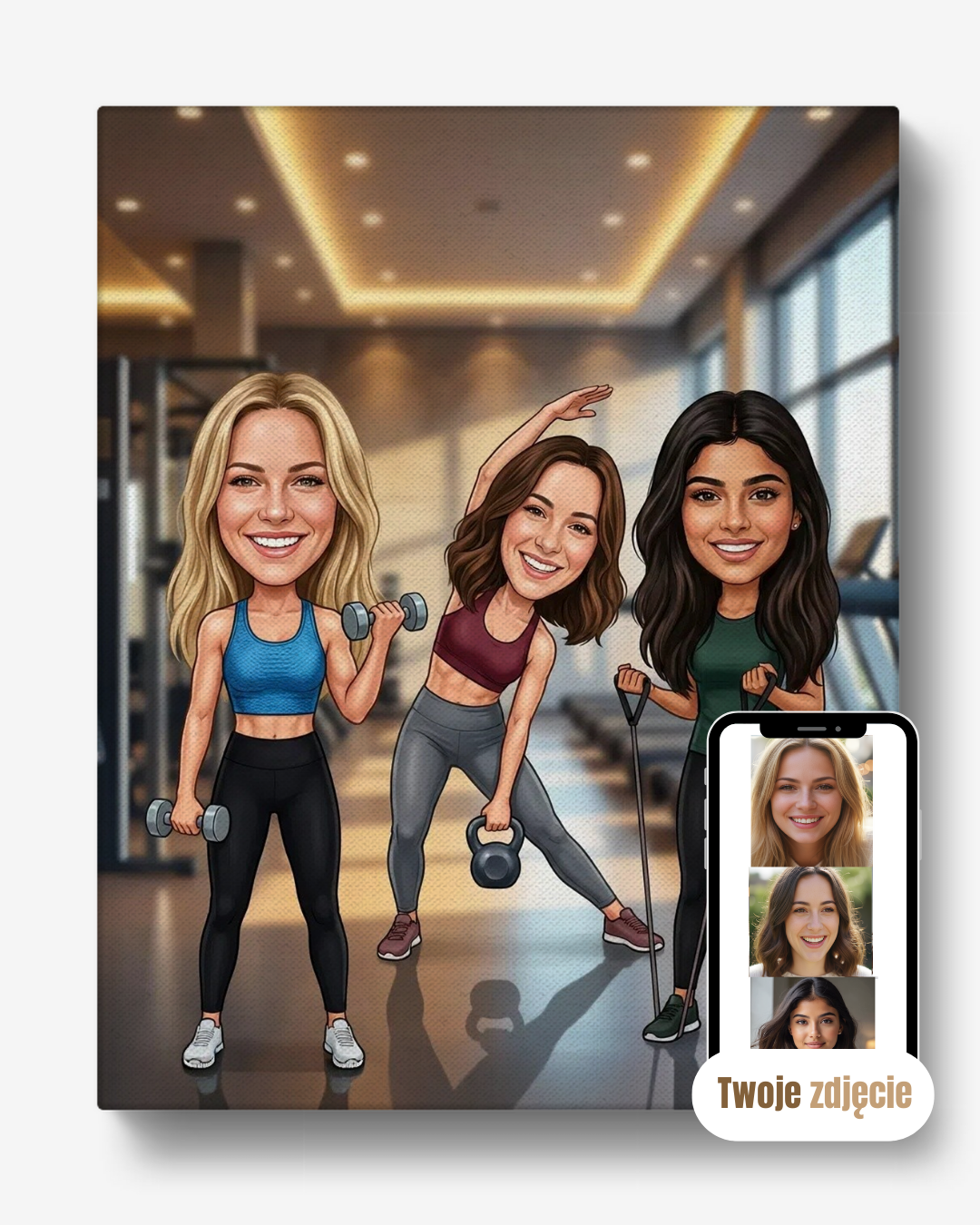 Personalizowany portret grupowy na płótnie prezent dla przyjaciółek fitnesiary
