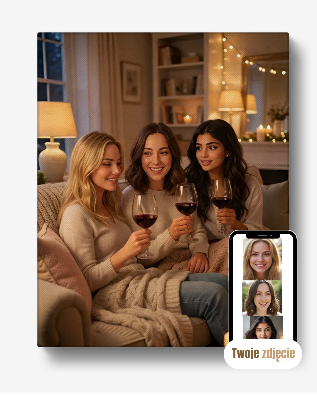 Personalizowany portret grupowy na płótnie prezent dla przyjaciółek trio na winku