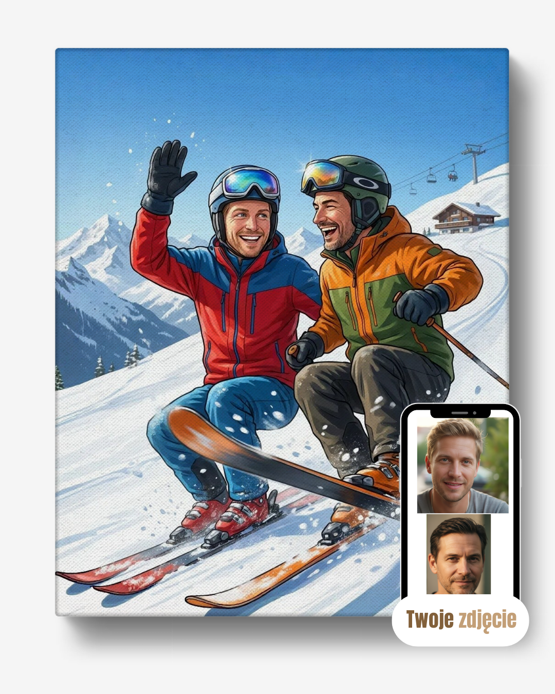 Portret grupowy na płótnie prezent dla kumpli kumple na nartach