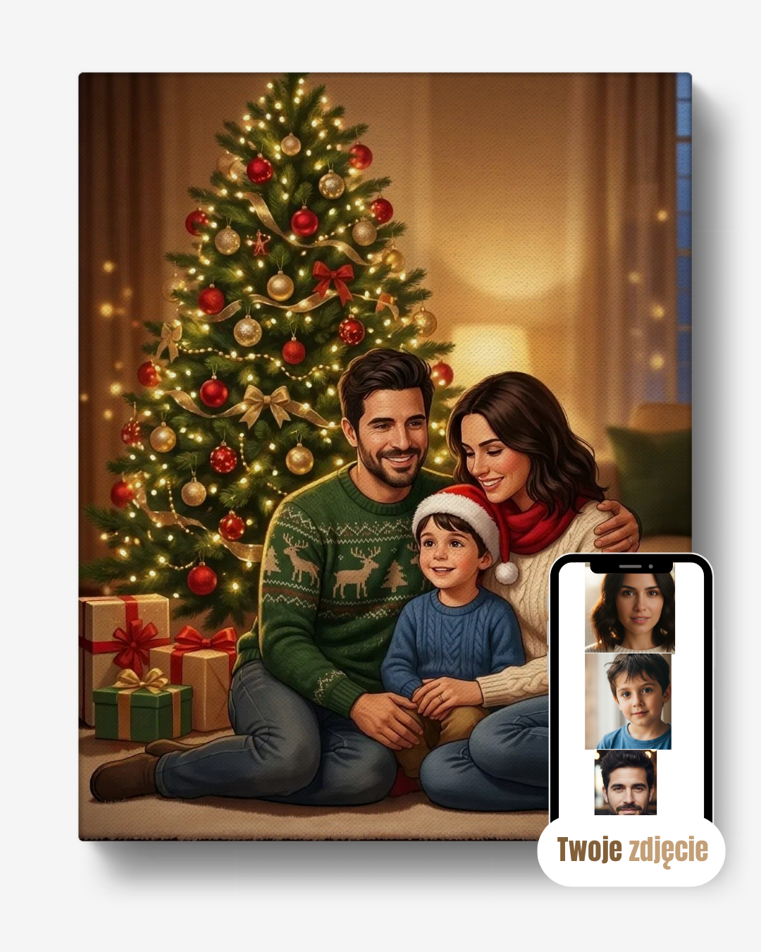 Personalizowany portret rodzinny na płótnie prezent na święta święta przy choince