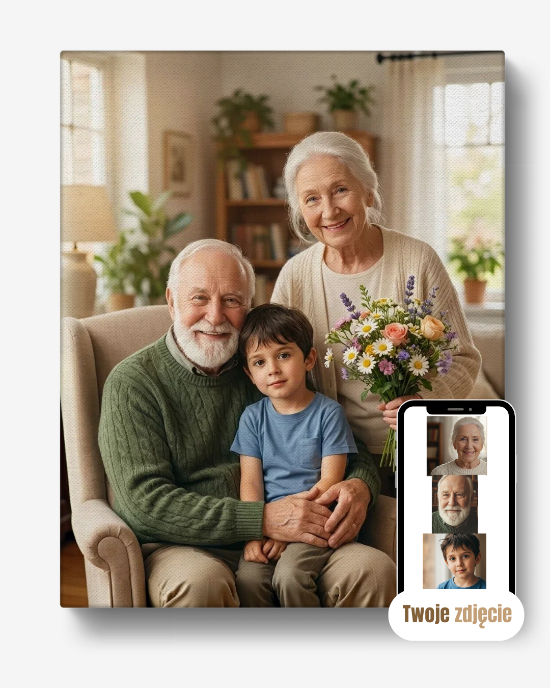 Personalizowany portret rodzinny na płótnie prezent dla dziadków dziadkowie z wnukiem