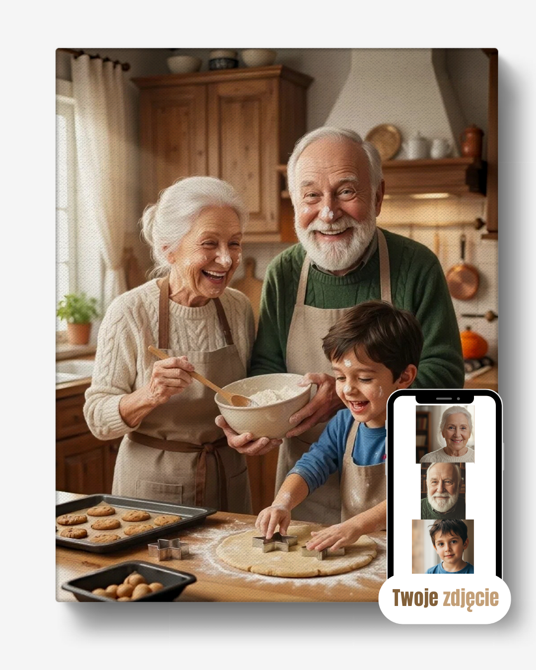 Portret rodzinny na płótnie prezent dla dziadków pieczenie z dziadkami