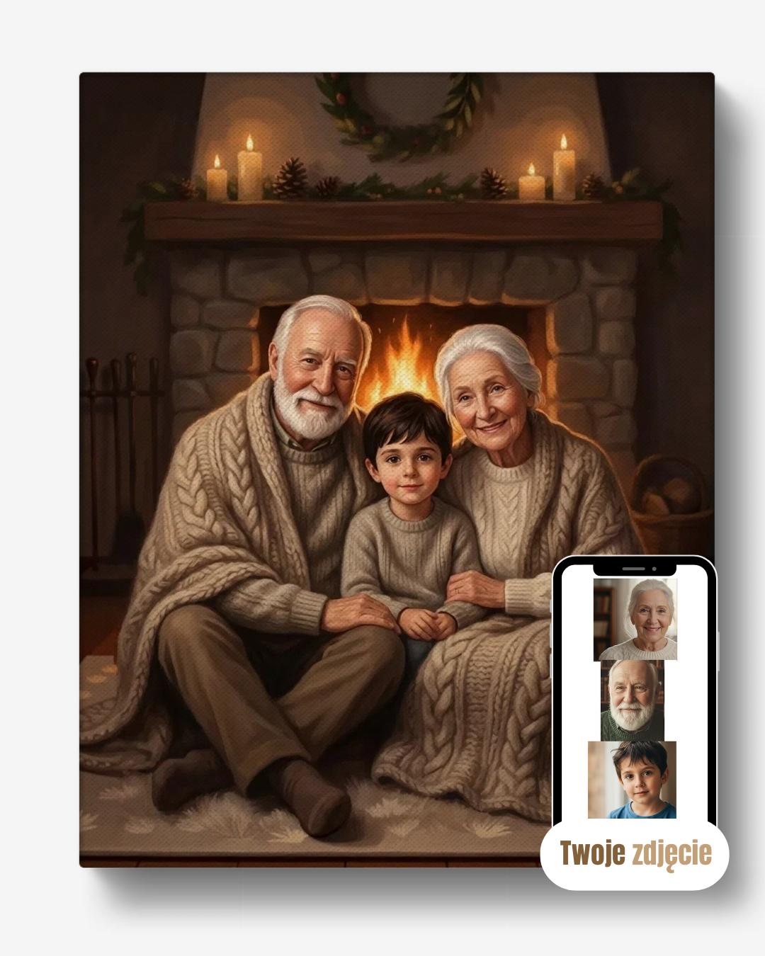 Personalizowany portret rodzinny na płótnie prezent dla dziadków przy kominku z wnukiem