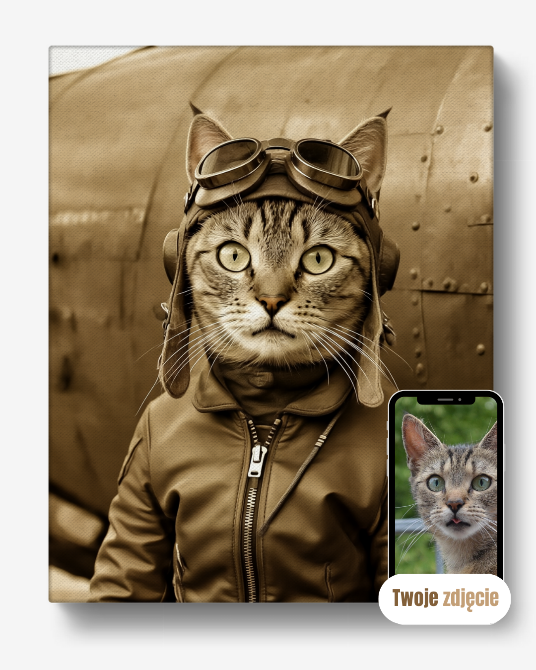 Personalizowany portret na płótnie prezent kot pilot retro stylowy portret