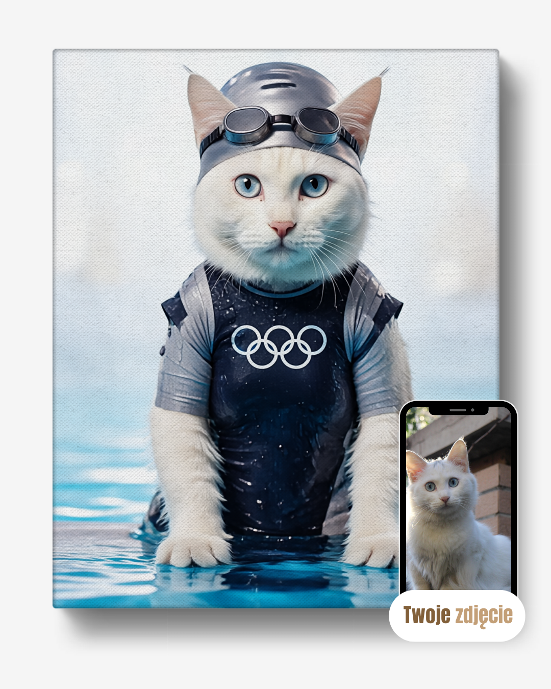 Personalizowany portret na płótnie prezent kot pływak zabawny i oryginalny portret