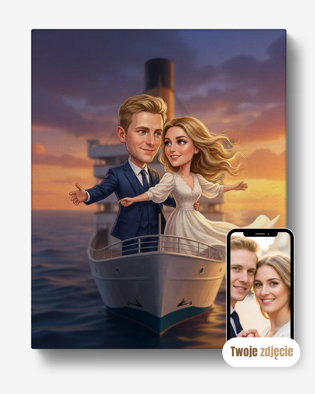 Personalizowany portret pary na płótnie prezent dla zakochanych razem na statku