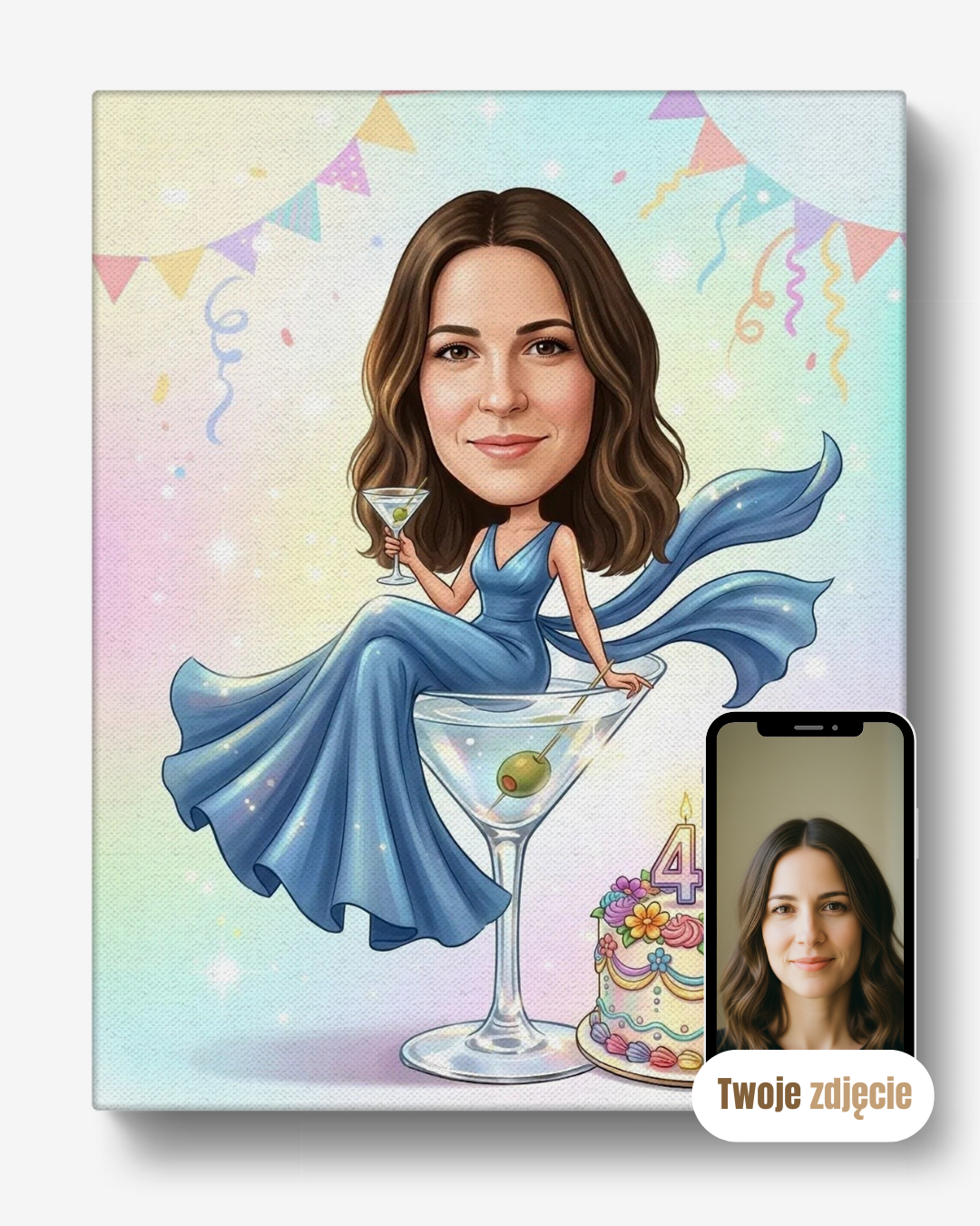 Personalizowany portret na płótnie prezent na 40 urodziny pani siedząca w kieliszku martini