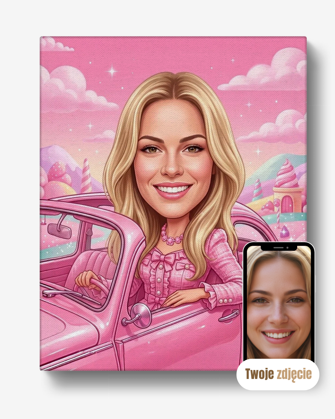 Personalizowany portret na płótnie prezent dla kobiety na różowo w cabrio