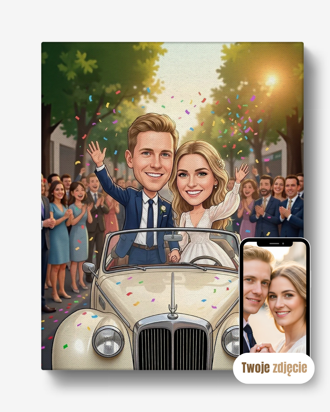 Personalizowany portret na płótnie prezent dla pary młodej w aucie z konfetti