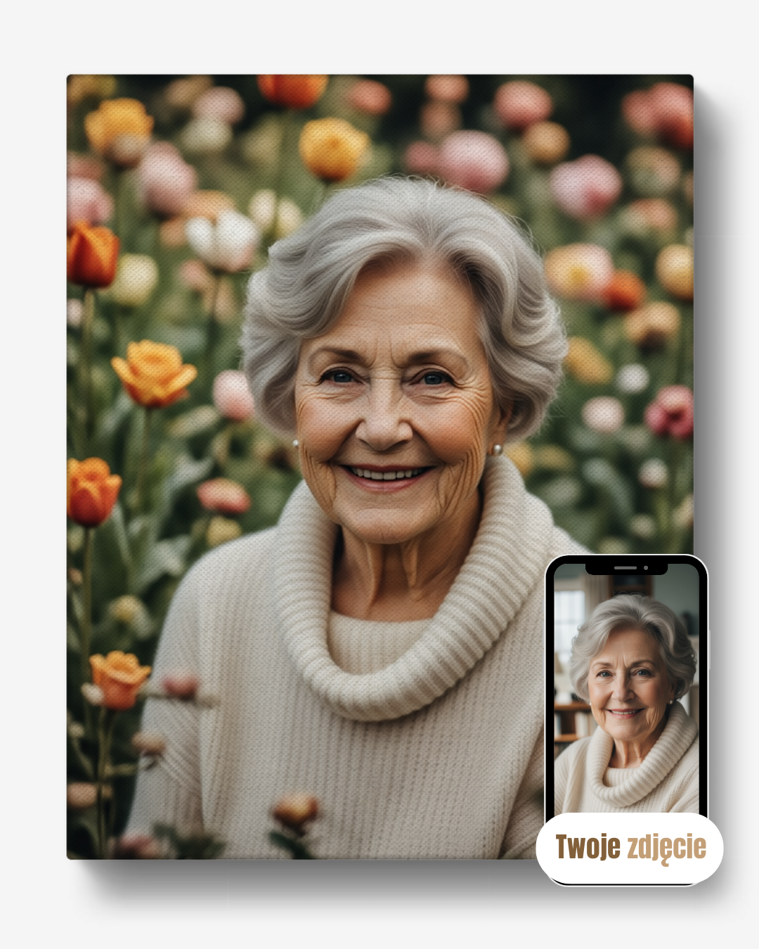 BABCIA W SADZIE - personalizowany portret ze zdjęcia na prezent dla kobiet