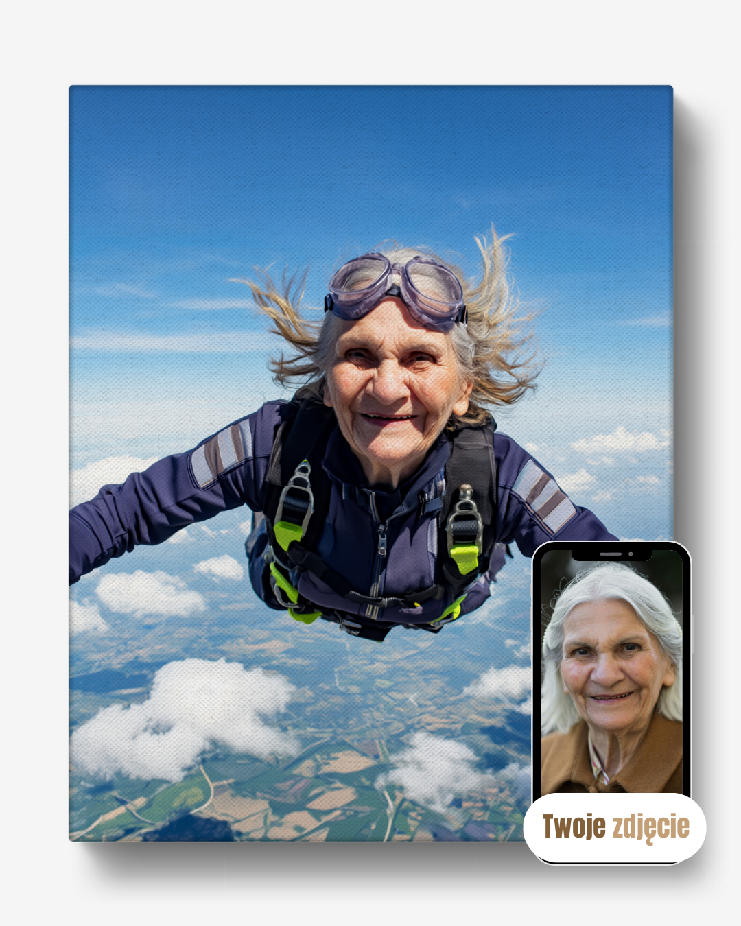 BABCIA NA SPADOCHRONIE - personalizowany portret ze zdjęcia na prezent dla kobiet