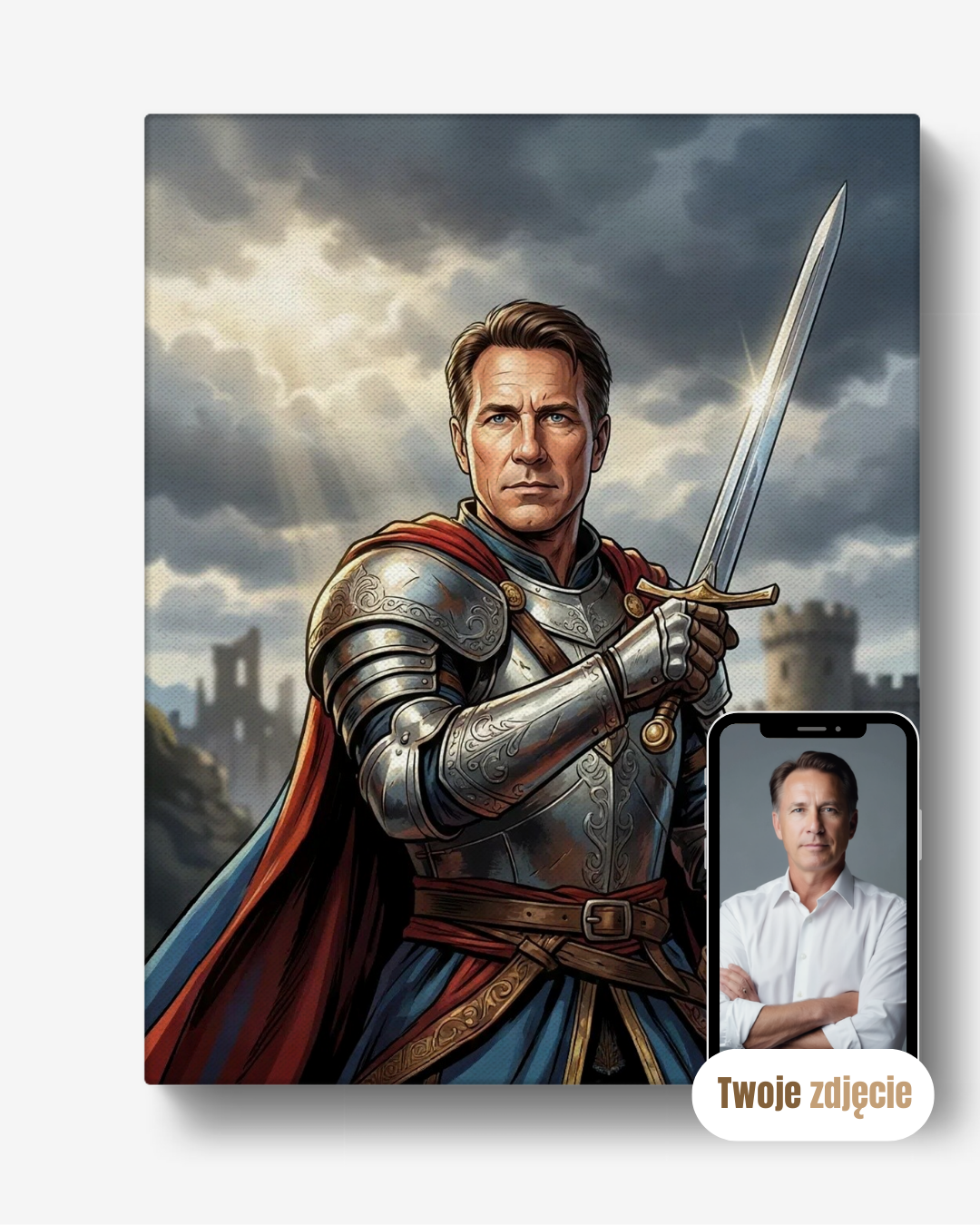 Personalizowany portret na płótnie prezent dla męża na rocznicę legendarny rycerz
