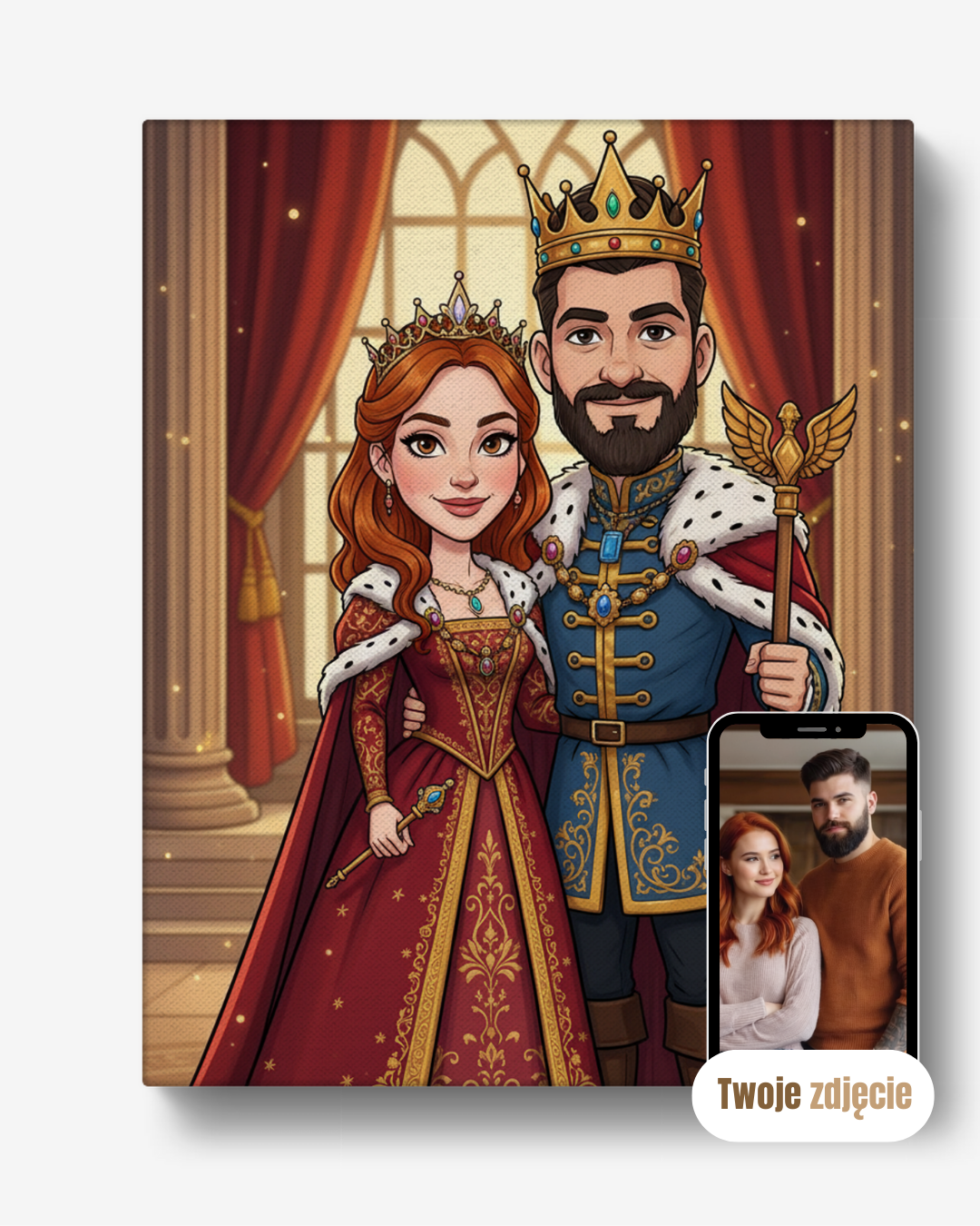 Personalizowany portret na płótnie prezent dla pary królowie jak z bajki