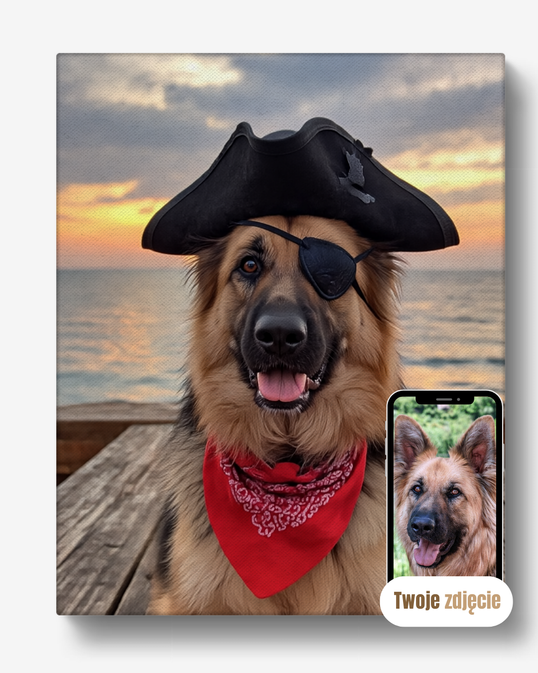 Personalizowany portret psa jako pirata na płótnie