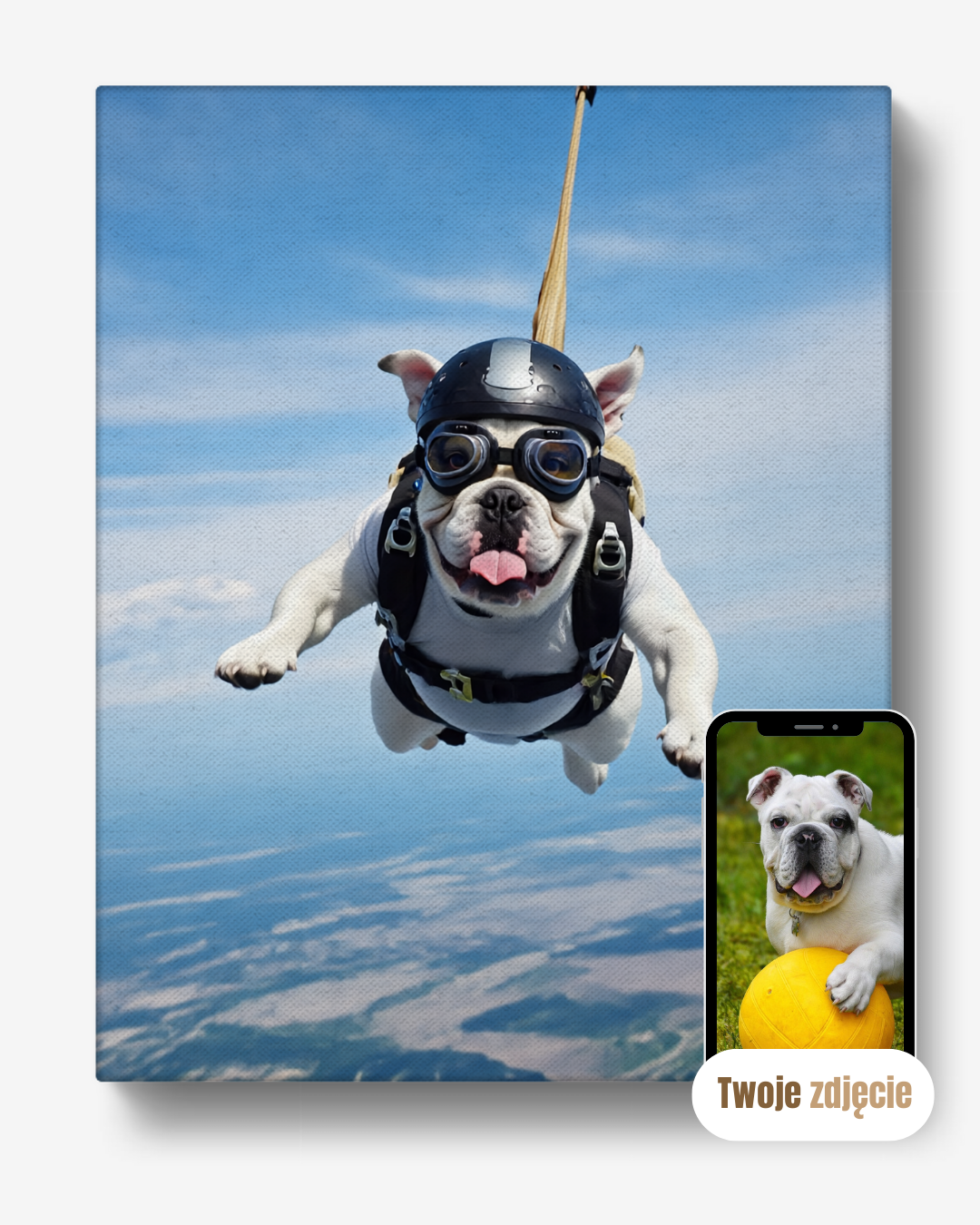 Personalizowany portret psa na spadochronie na płótnie