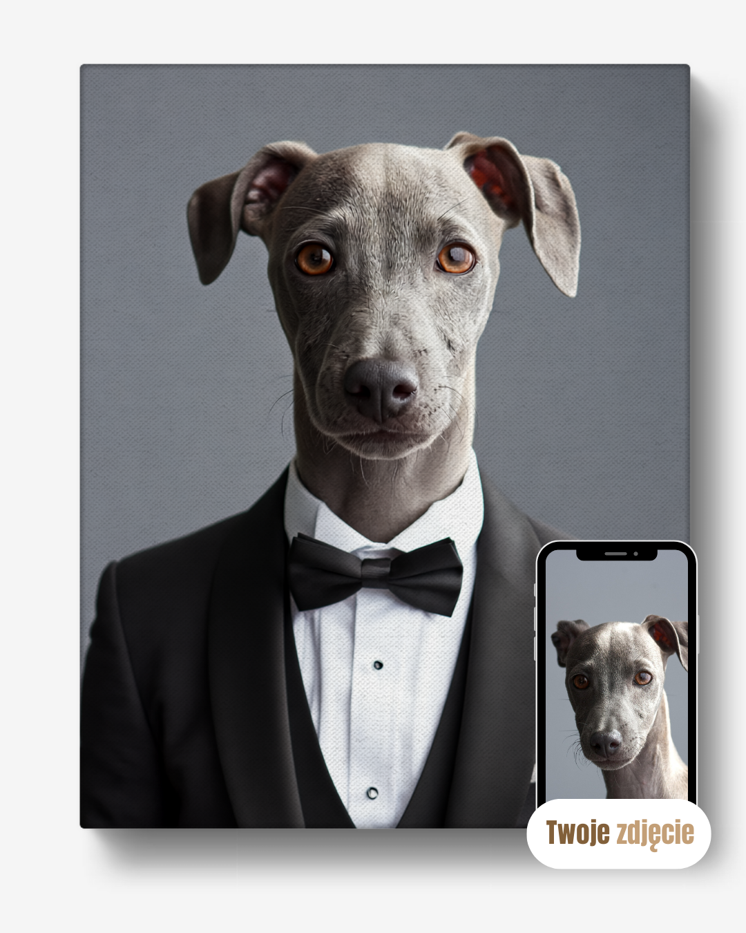 Personalizowany portret psa w garniturze na płótnie