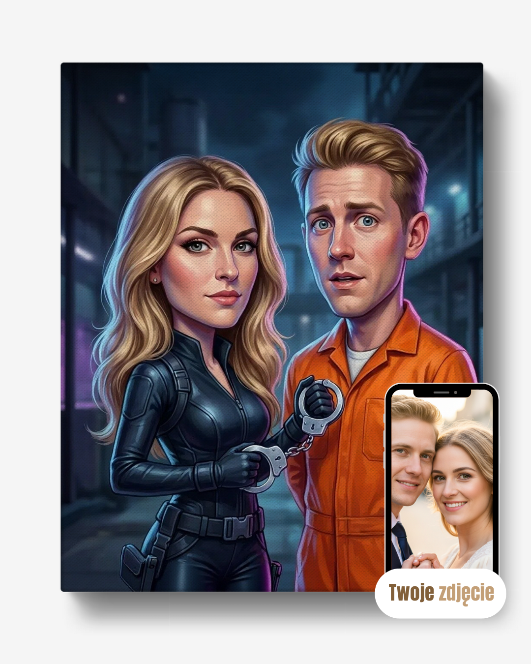 Personalizowany portret pary jako agentka i więzień na płótnie