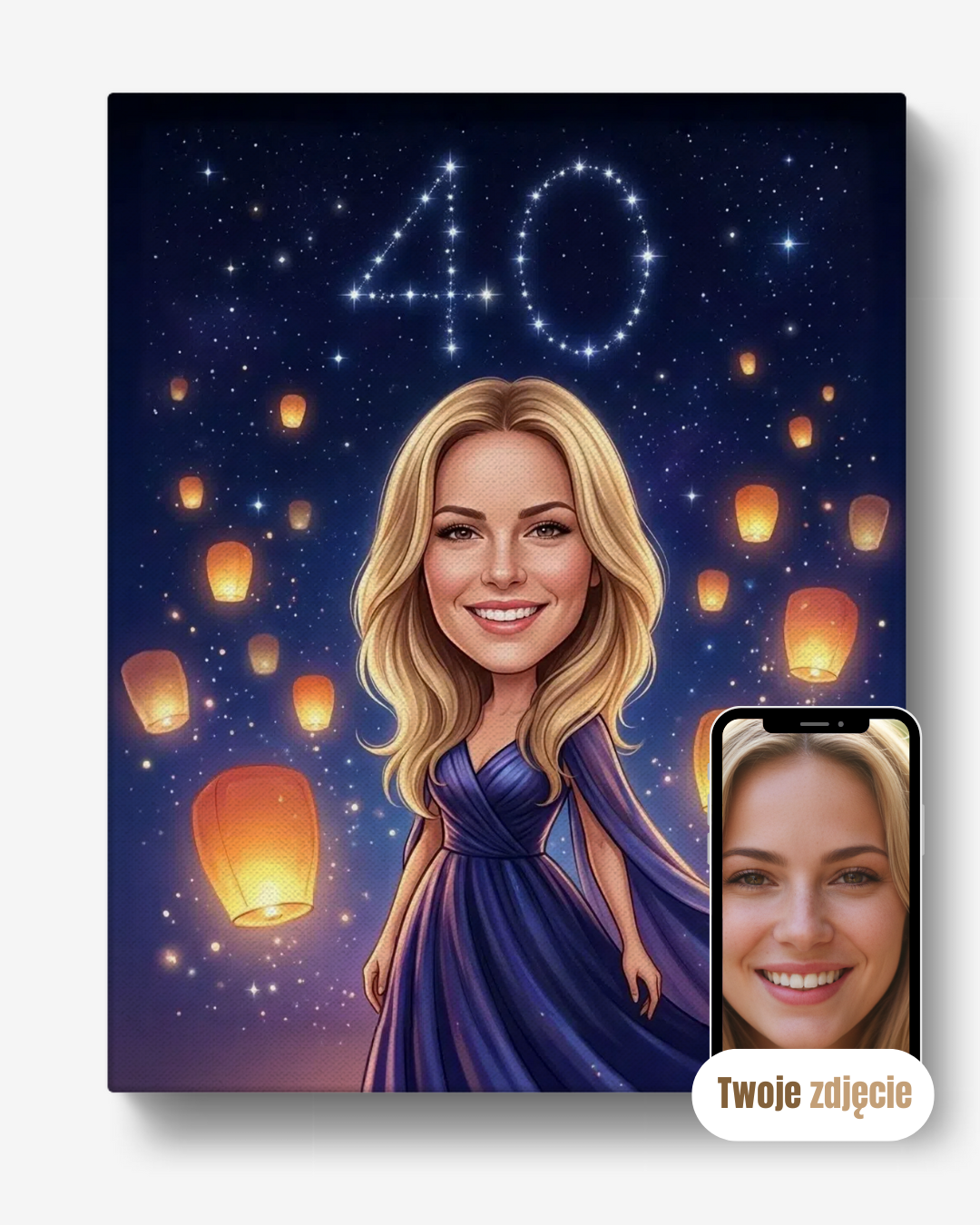 Personalizowany portret na 40 urodziny z motywem lampionów na płótnie