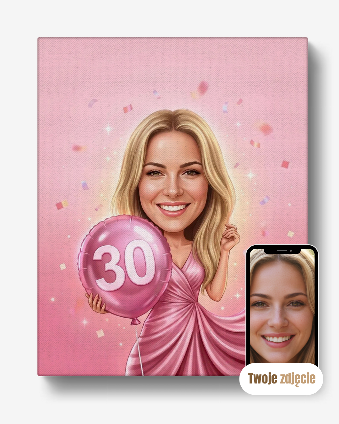 Personalizowany portret na 30 urodziny z motywem balonów na płótnie