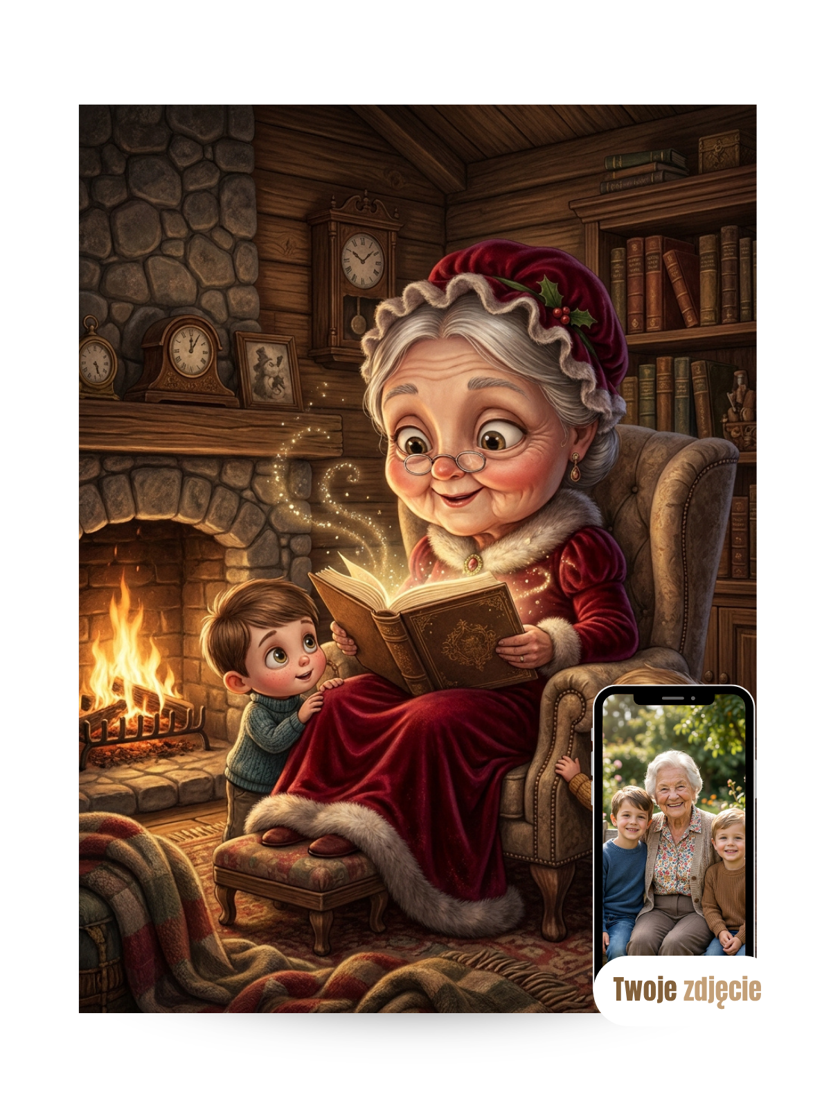 BABCIA Z WNUKAMI PRZY KOMINKU - personalizowany portret ze zdjęcia