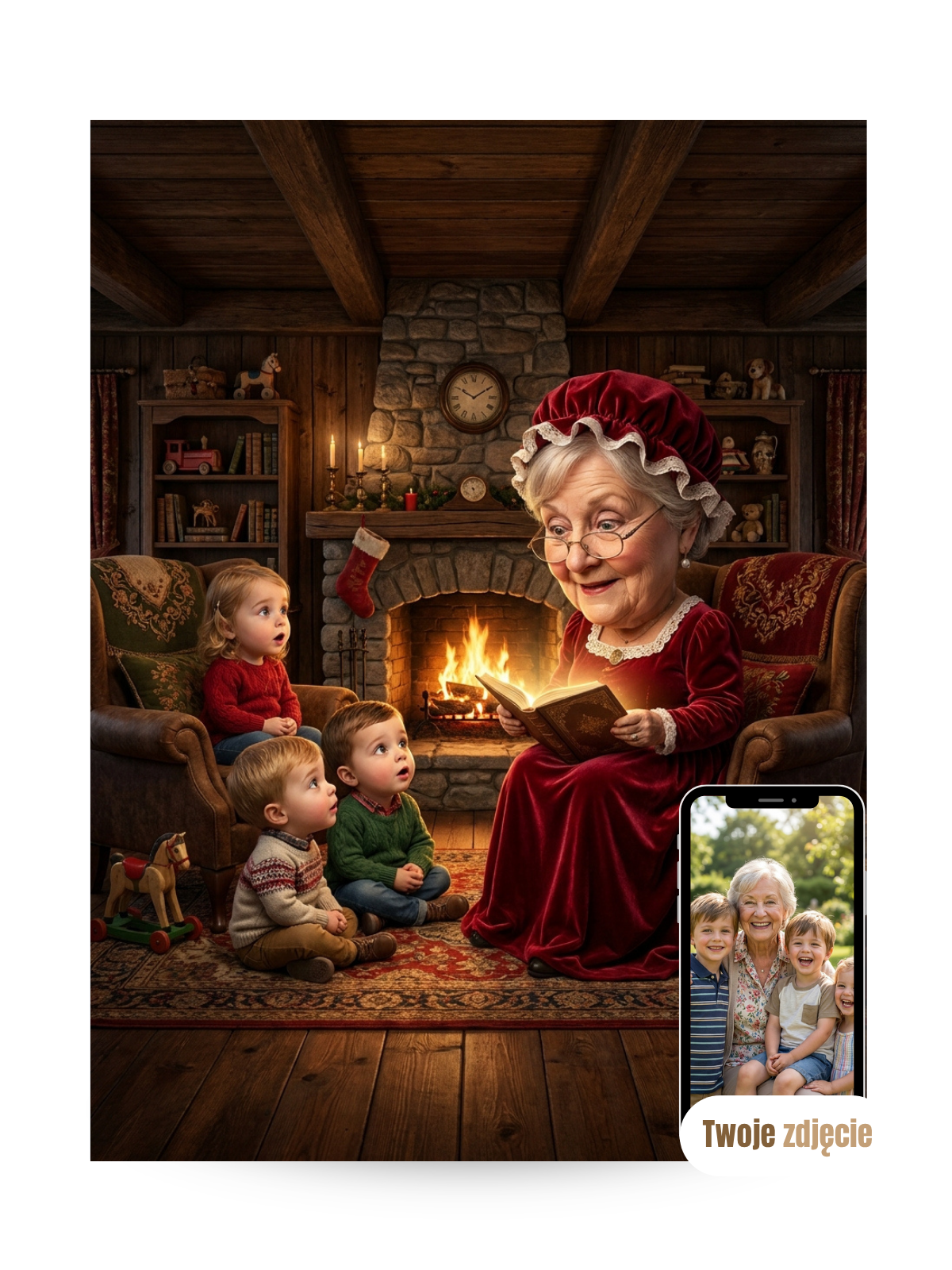 BABCIA Z WNUKAMI - personalizowany portret ze zdjęcia