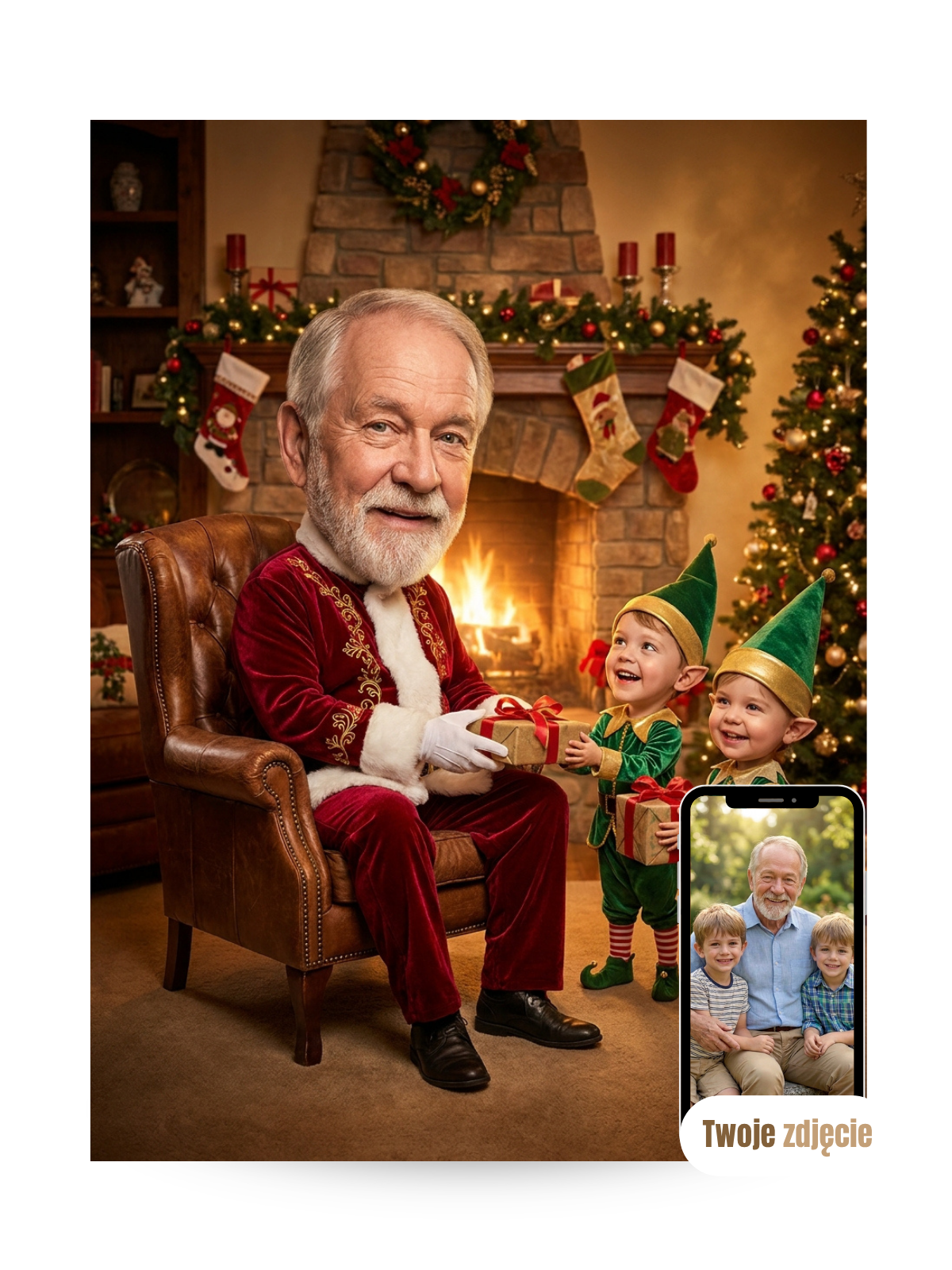 DZIADEK MIKOŁAJ Z WNUKAMI - personalizowany portret ze zdjęcia