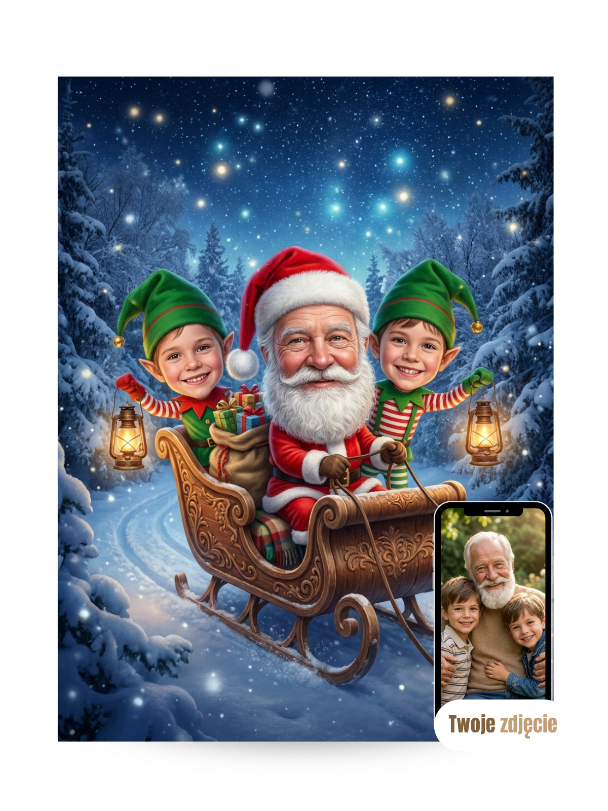DZIADEK Z WNUKAMI NA SANIACH - personalizowany portret ze zdjęcia