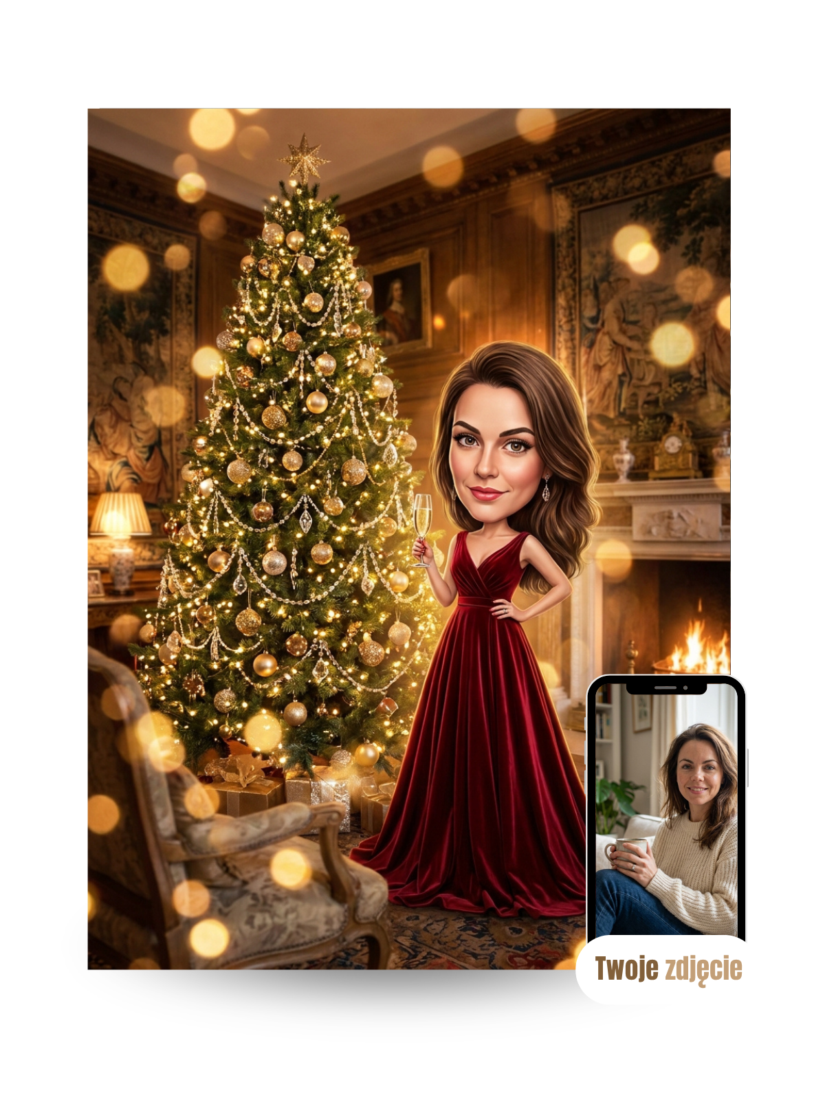 KOBIETA PRZY CHOINCE GLAMOUR - personalizowany portret ze zdjęcia