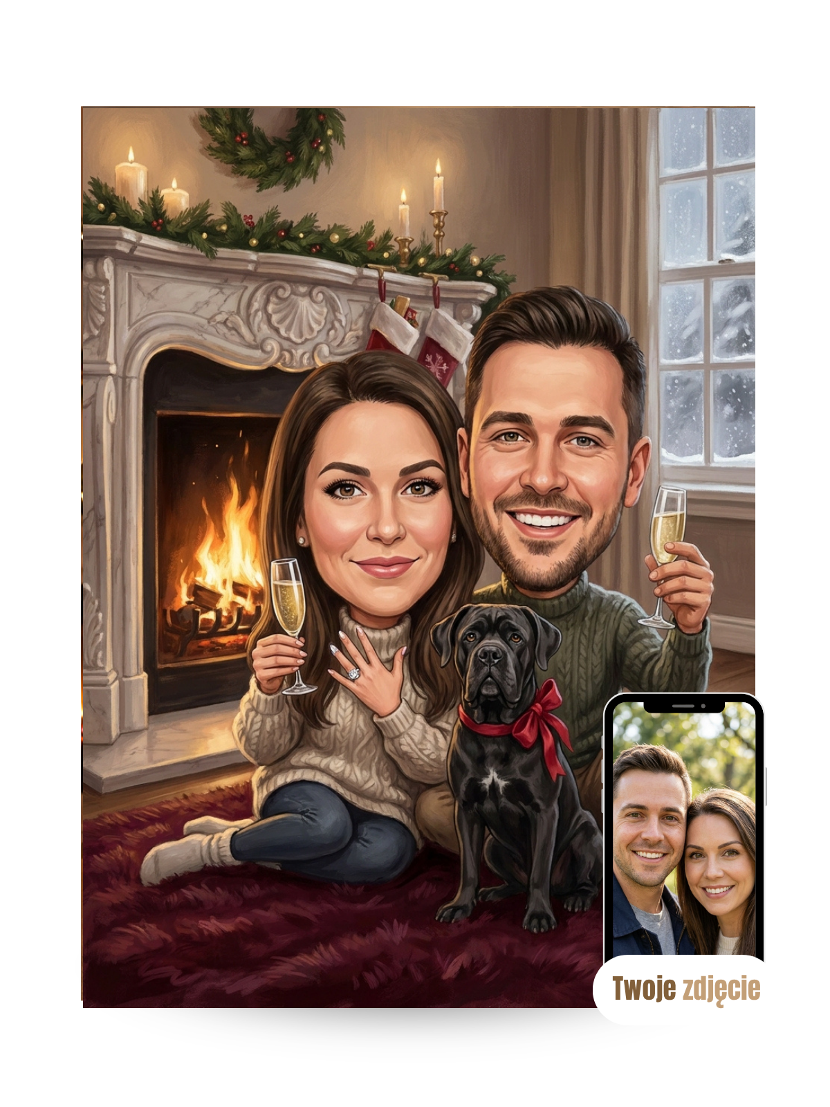 PARA PRZY KOMINKU Z PSEM - personalizowany portret ze zdjęcia