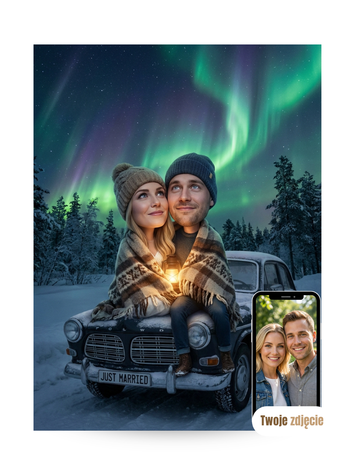 PARA PRZY ZORZY POLARNEJ - personalizowany portret ze zdjęcia