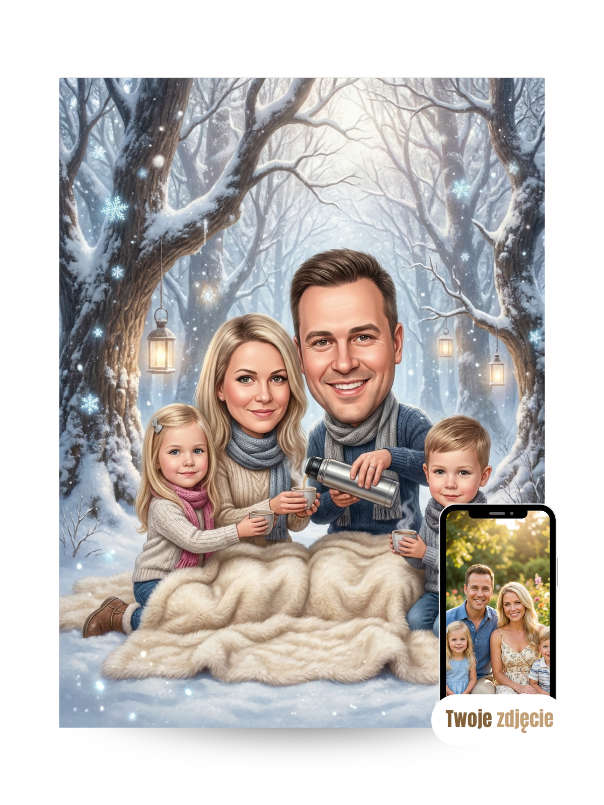 RODZINA W LESIE Z KOCEM - personalizowany portret ze zdjęcia