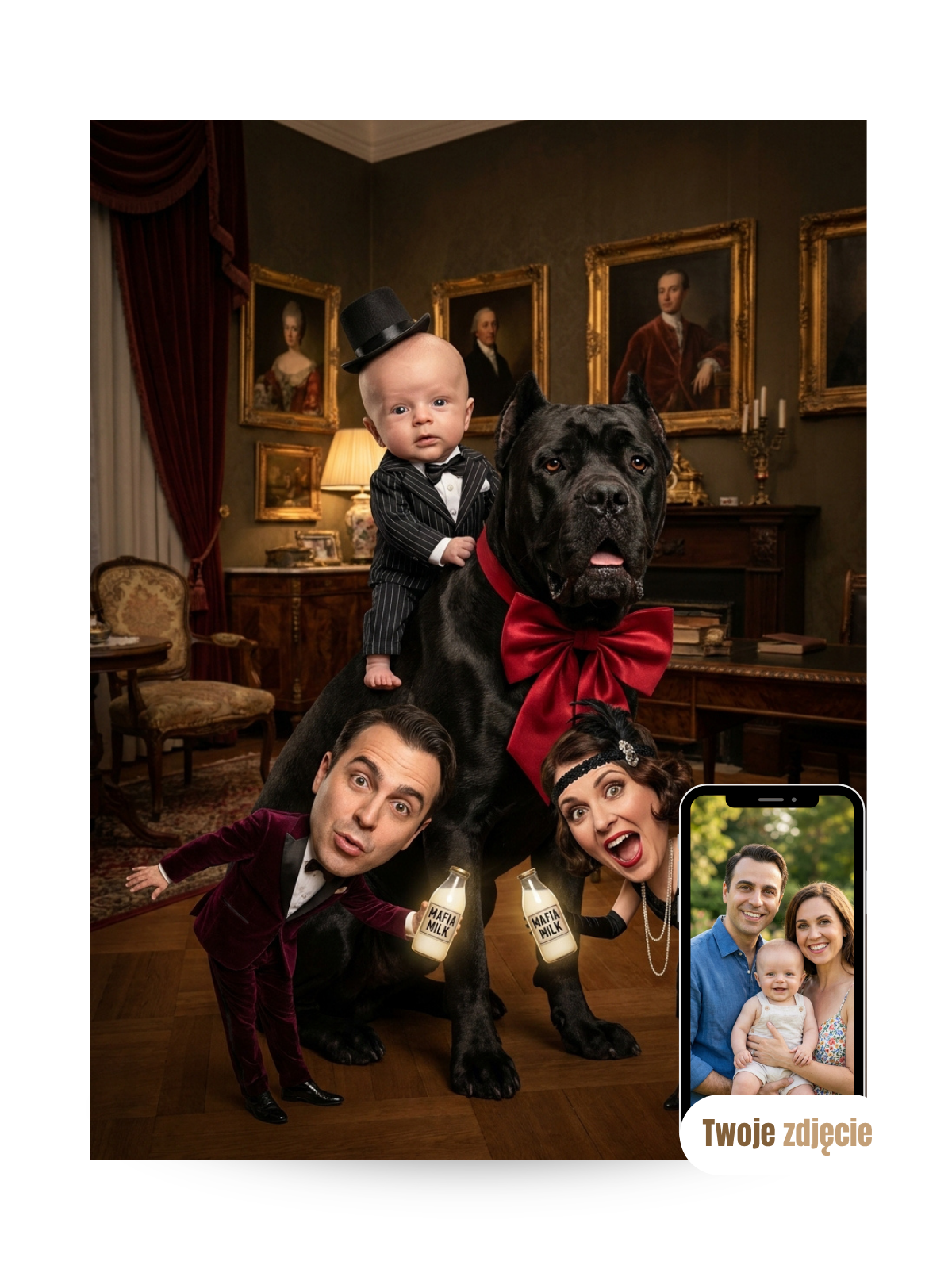 RODZINA Z DZIECKIEM GENTLEMANEM - personalizowany portret ze zdjęcia