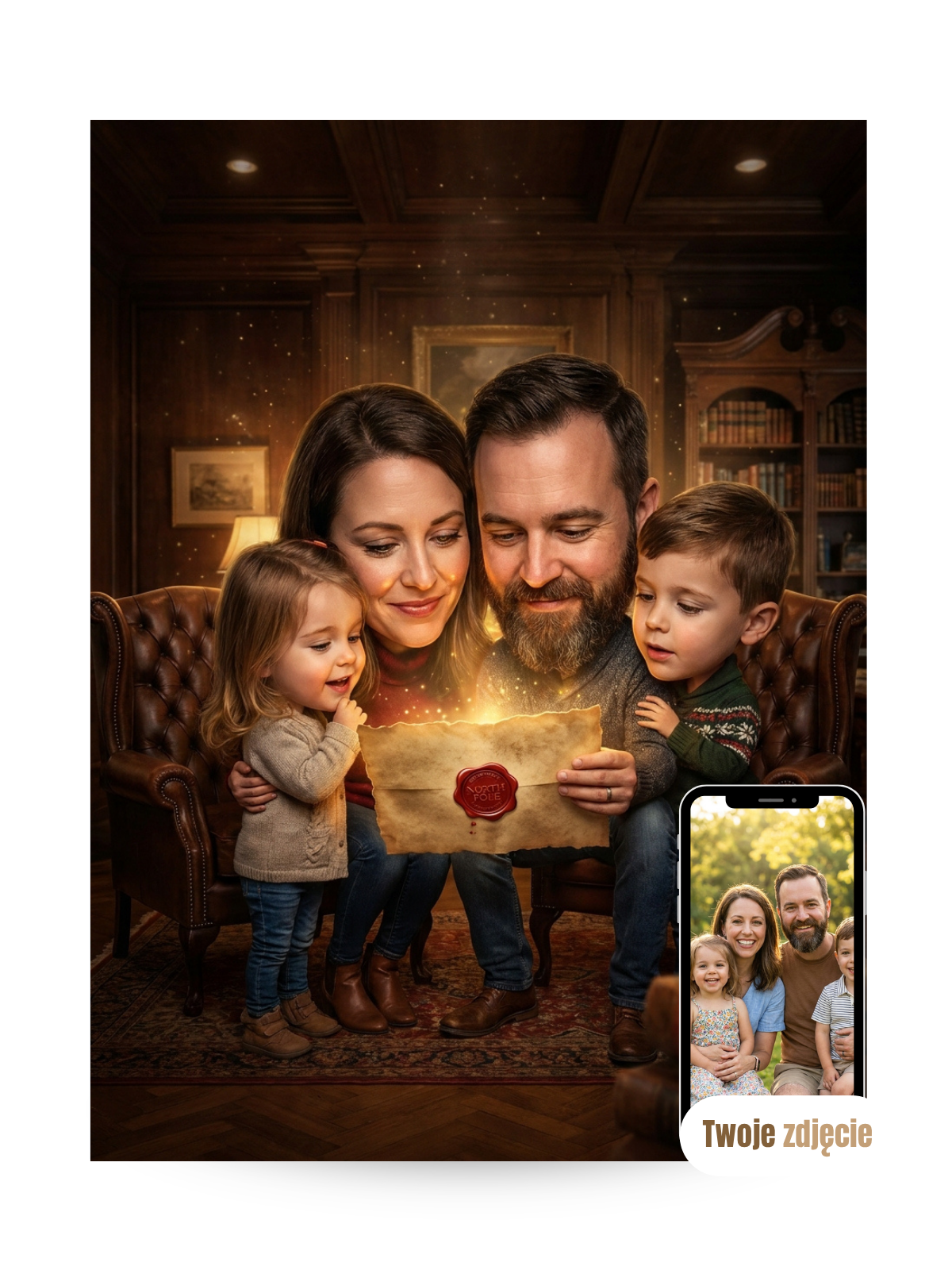 RODZINA Z MAGICZNĄ KOPERTĄ - personalizowany portret ze zdjęcia